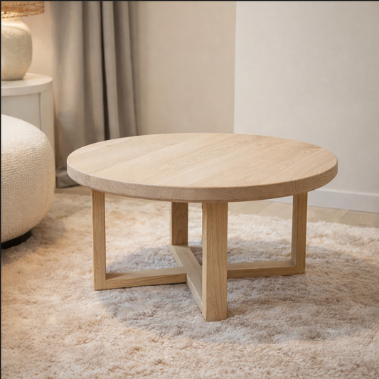 Ronde eiken salontafel | met houten onderstel | CORE collectie